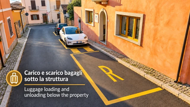Stallo carico e scarico bagagli con segnaletica gialla R sotto la struttura di Vento Mare Apartments a Palau